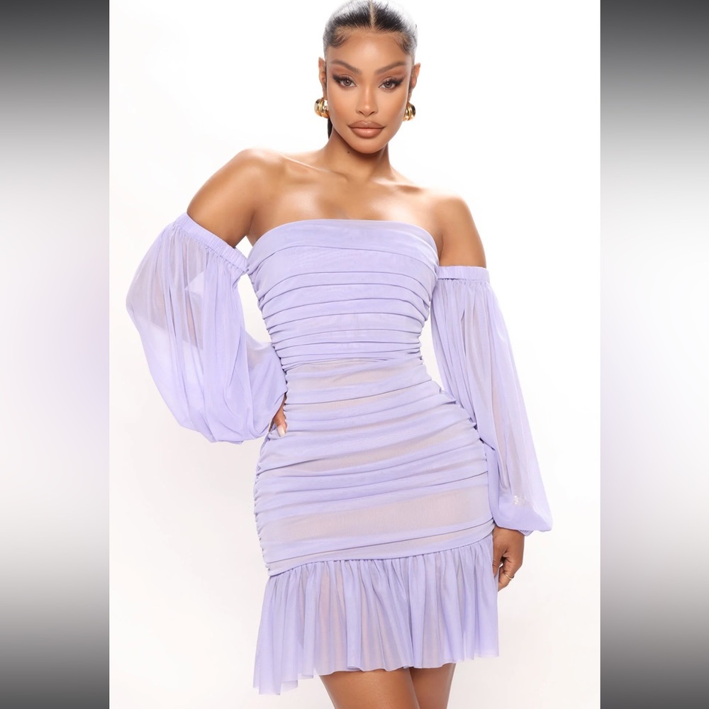 Lavender Mini Dress with off the Shoulder Sleeves